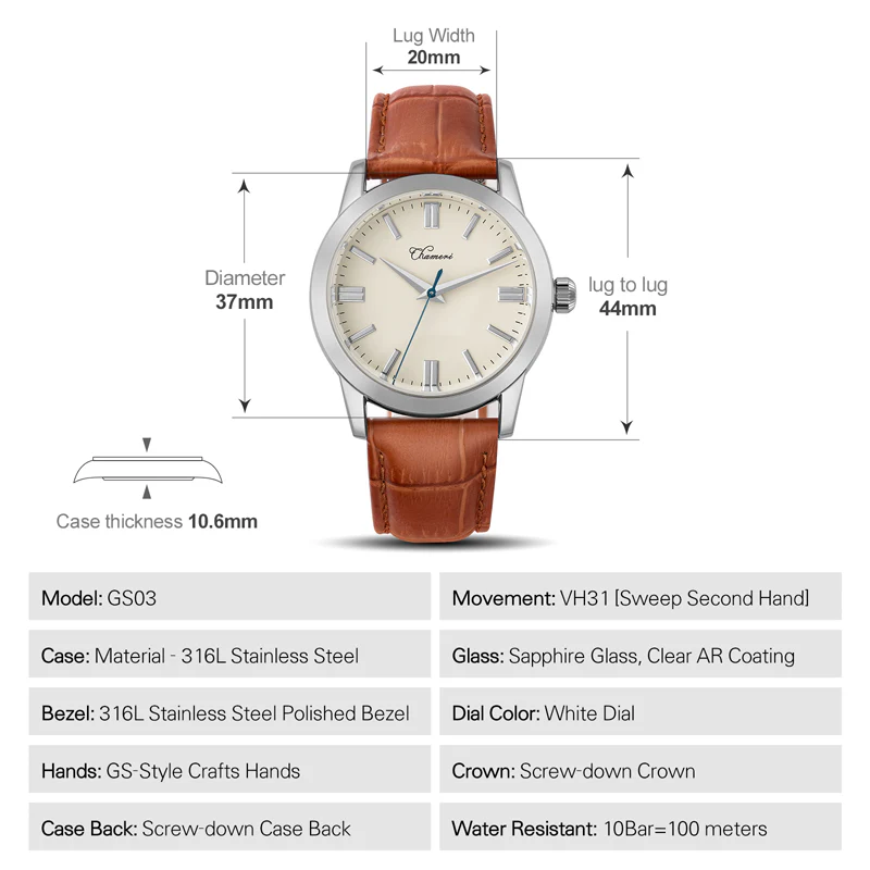 Chameri 37mm VH31 Sweep Second Quartz Watch GS03 - Image 3