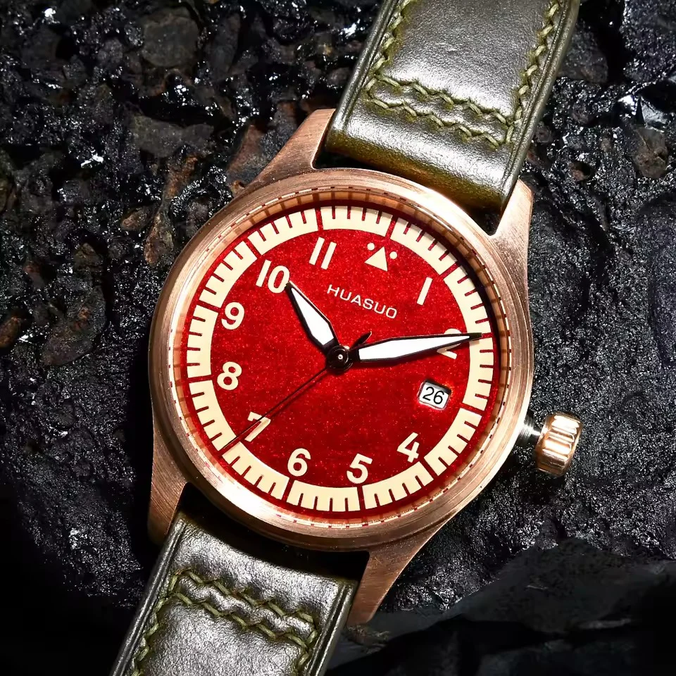 HUASUO 38mm Luxury Bronze Lacquerware Pilot Men's Watch - Image 10