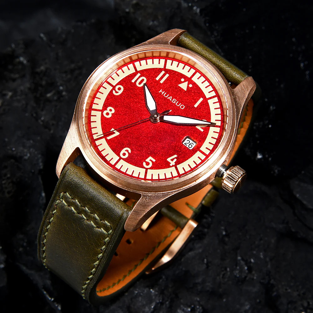 HUASUO 38mm Luxury Bronze Lacquerware Pilot Men's Watch - Image 16