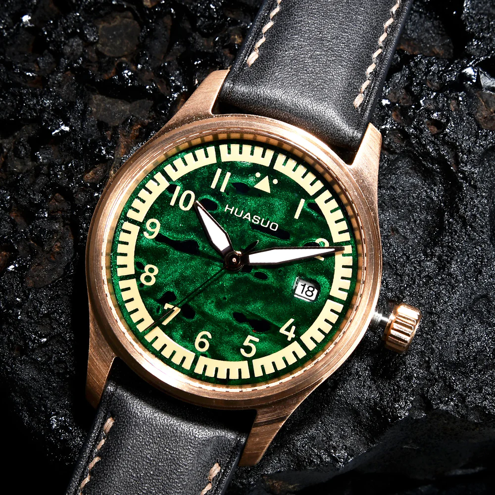 HUASUO 38mm Luxury Bronze Lacquerware Pilot Men's Watch - Image 3