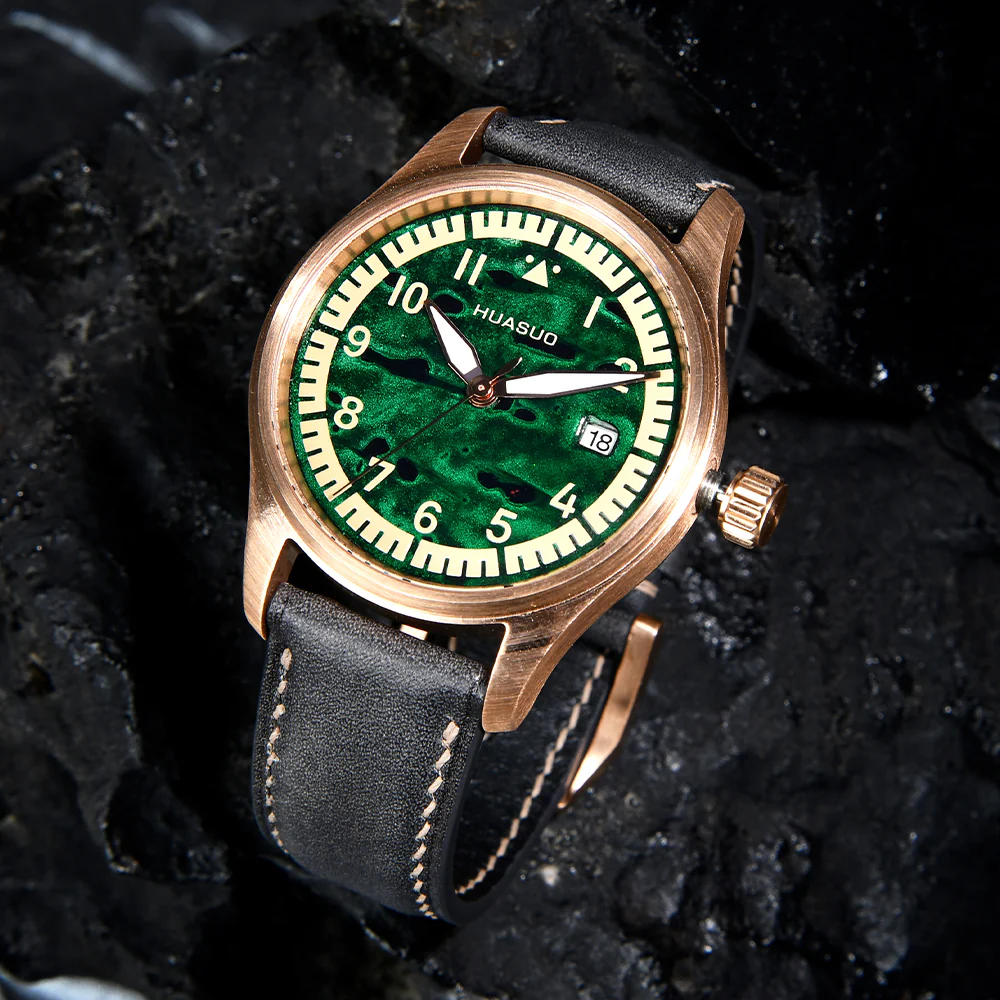 HUASUO 38mm Luxury Bronze Lacquerware Pilot Men's Watch - Image 9