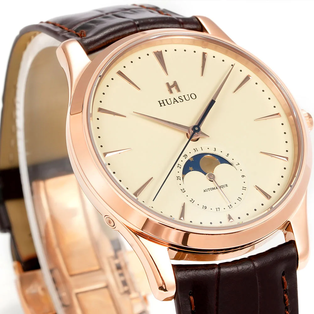 HUASUO 39mm Luxury Aventurine Moon Phase Men's Watches - Image 36