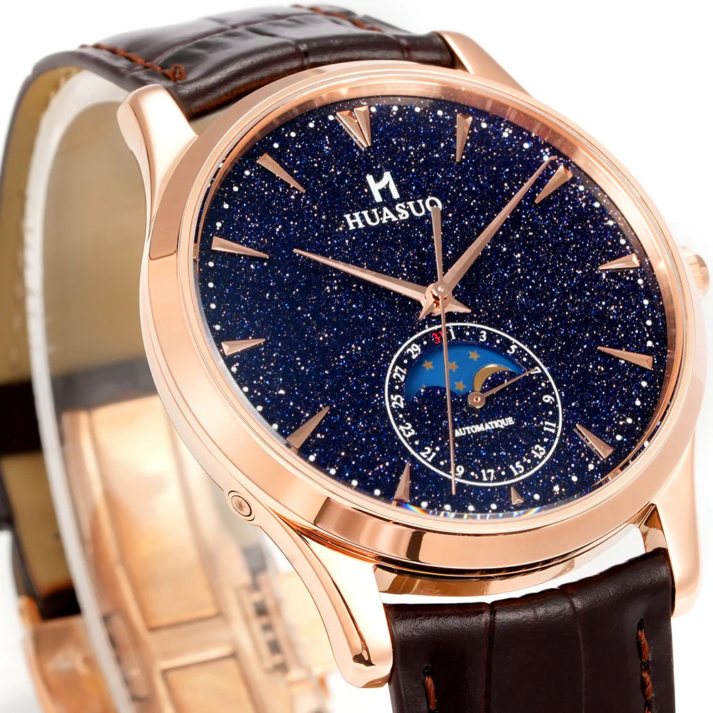 HUASUO 39mm Luxury Aventurine Moon Phase Men's Watches - Image 37