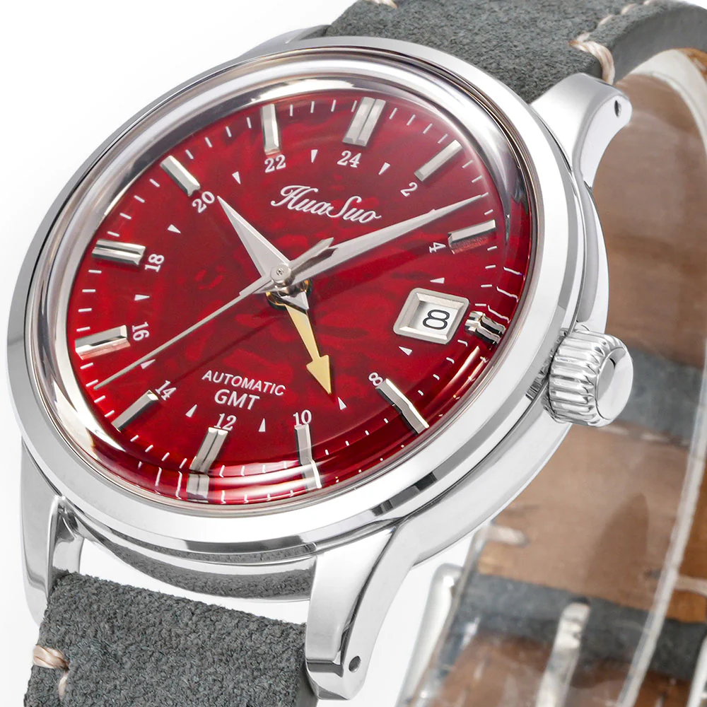 HUASUO 39mm Luxury Handmade Lacquer Dial GMT Men's Watch - Image 6