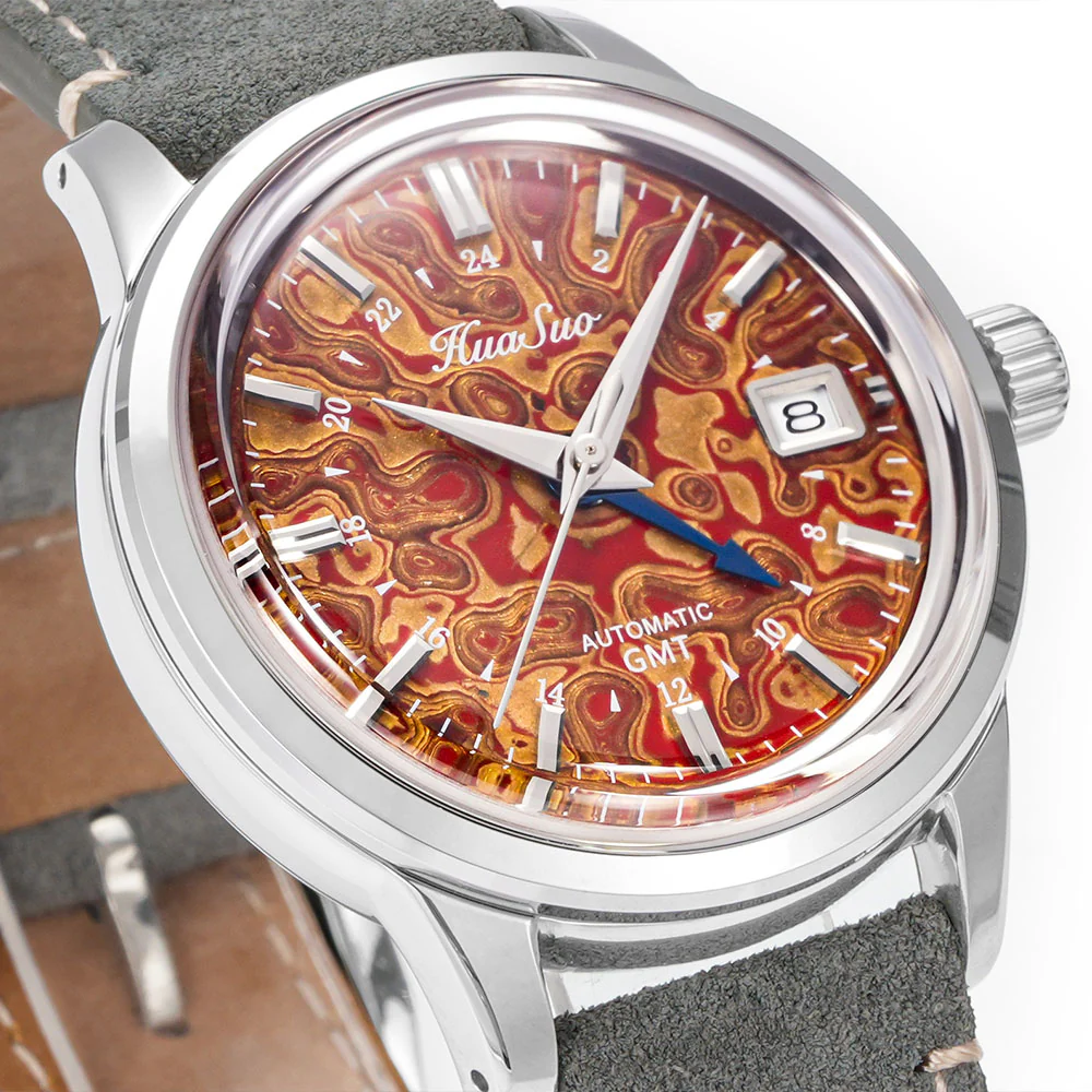 HUASUO 39mm Luxury Handmade Lacquer Dial GMT Men's Watch - Image 9