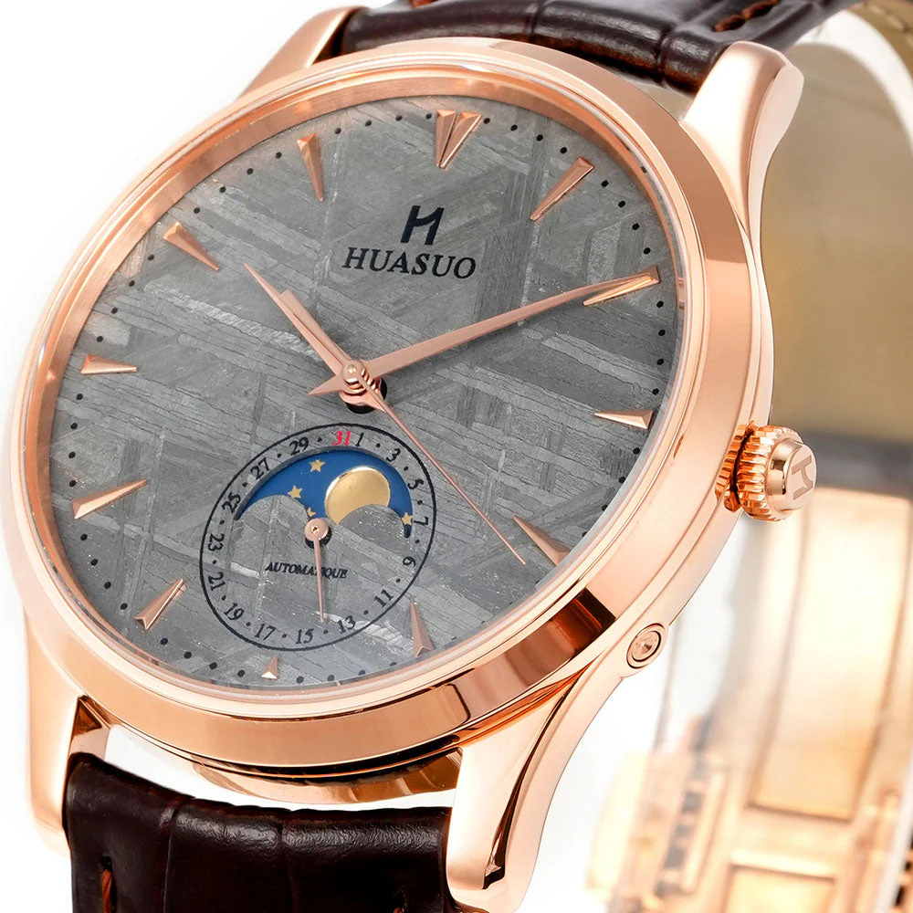 HUASUO Luxury 39mm Meteorite Dial Moon Phase Men's Watches - Image 6