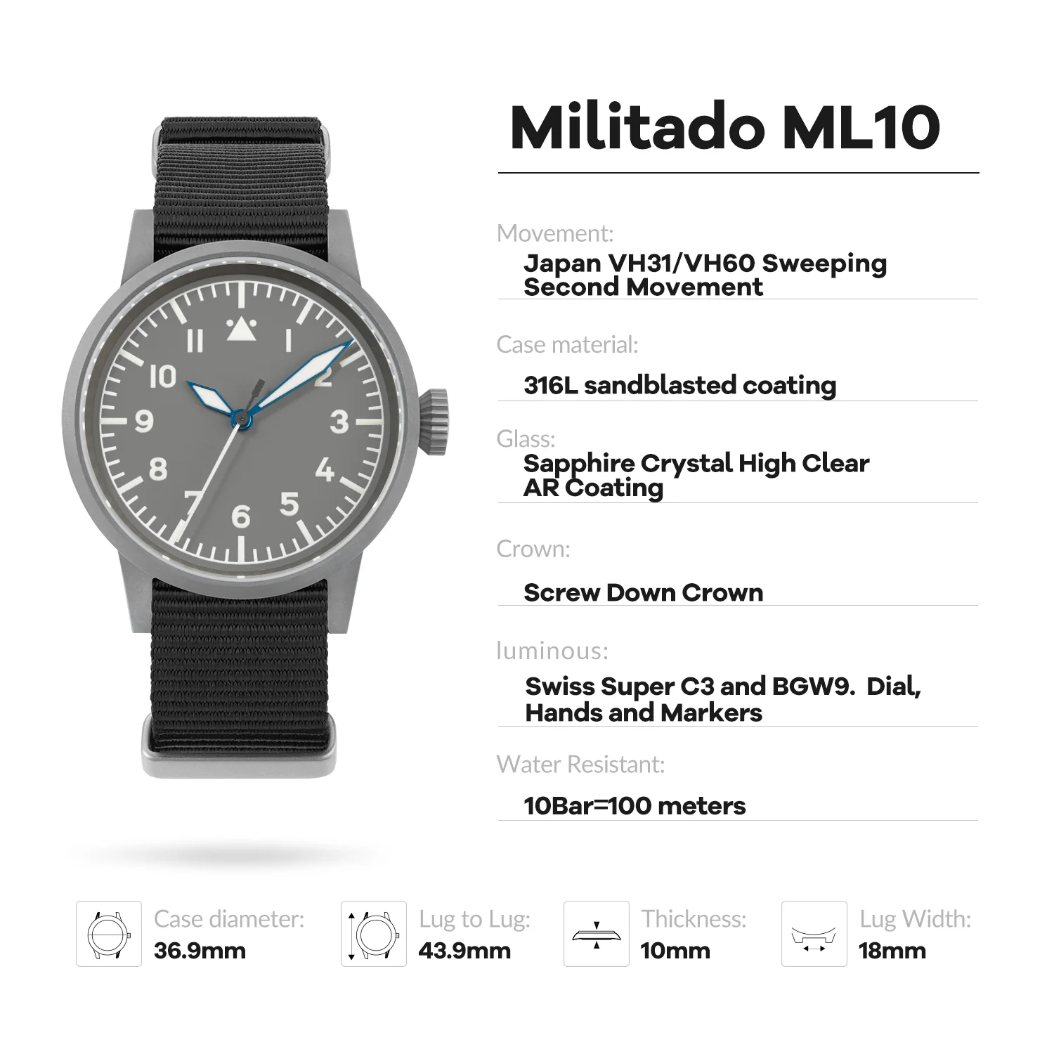 Militado 37mm Sapphire Crystal Retro Flieger Pilot Watch ML10 V2 - Image 16