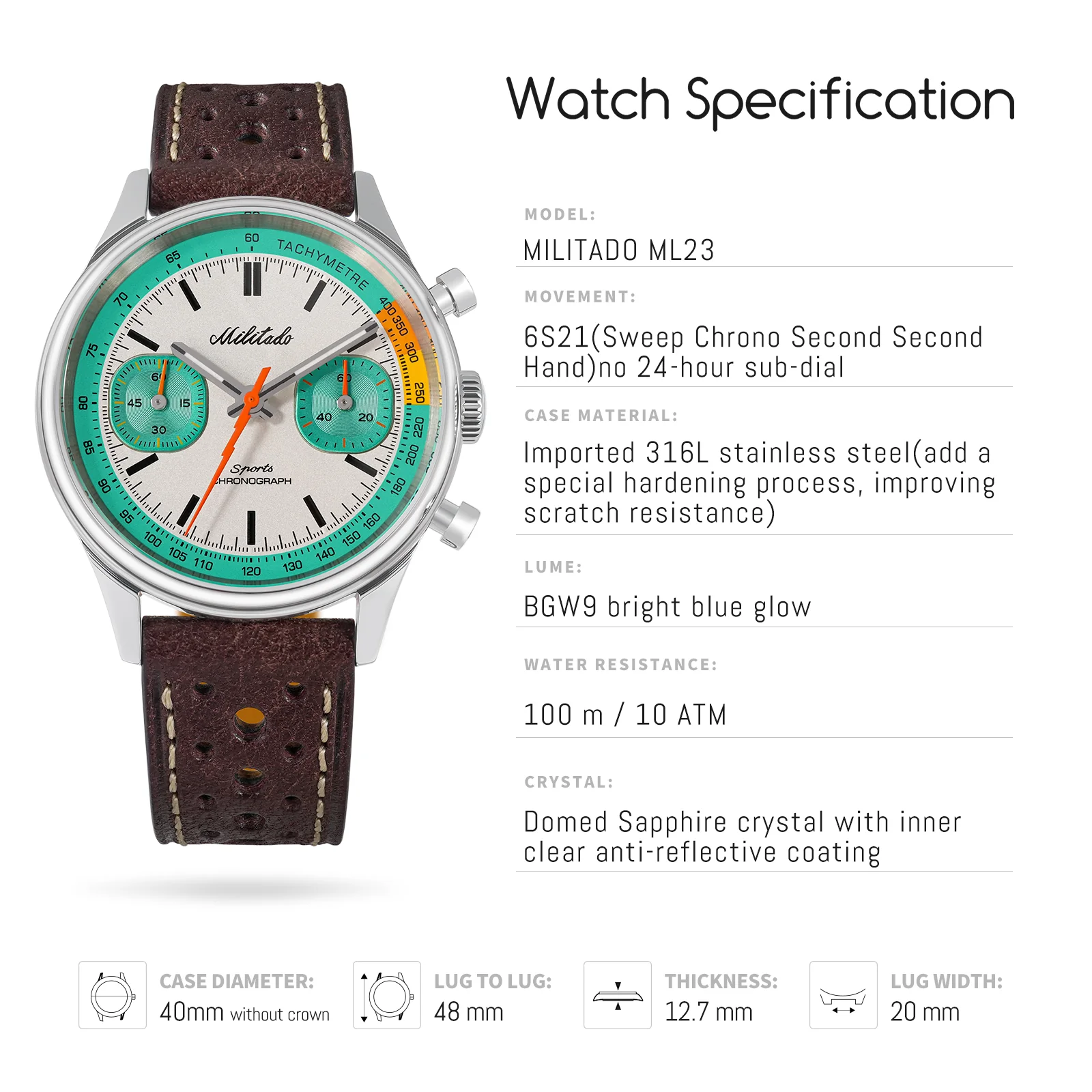 Militado Miyota 6S21 Chronograph Watch 40mm Men Watch ML23 - Image 33