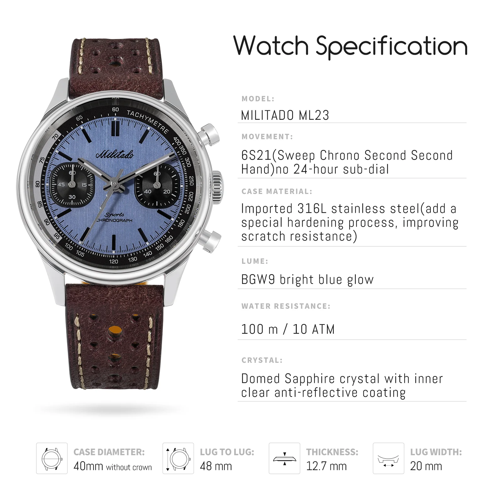 Militado Miyota 6S21 Chronograph Watch 40mm Men Watch ML23 - Image 41