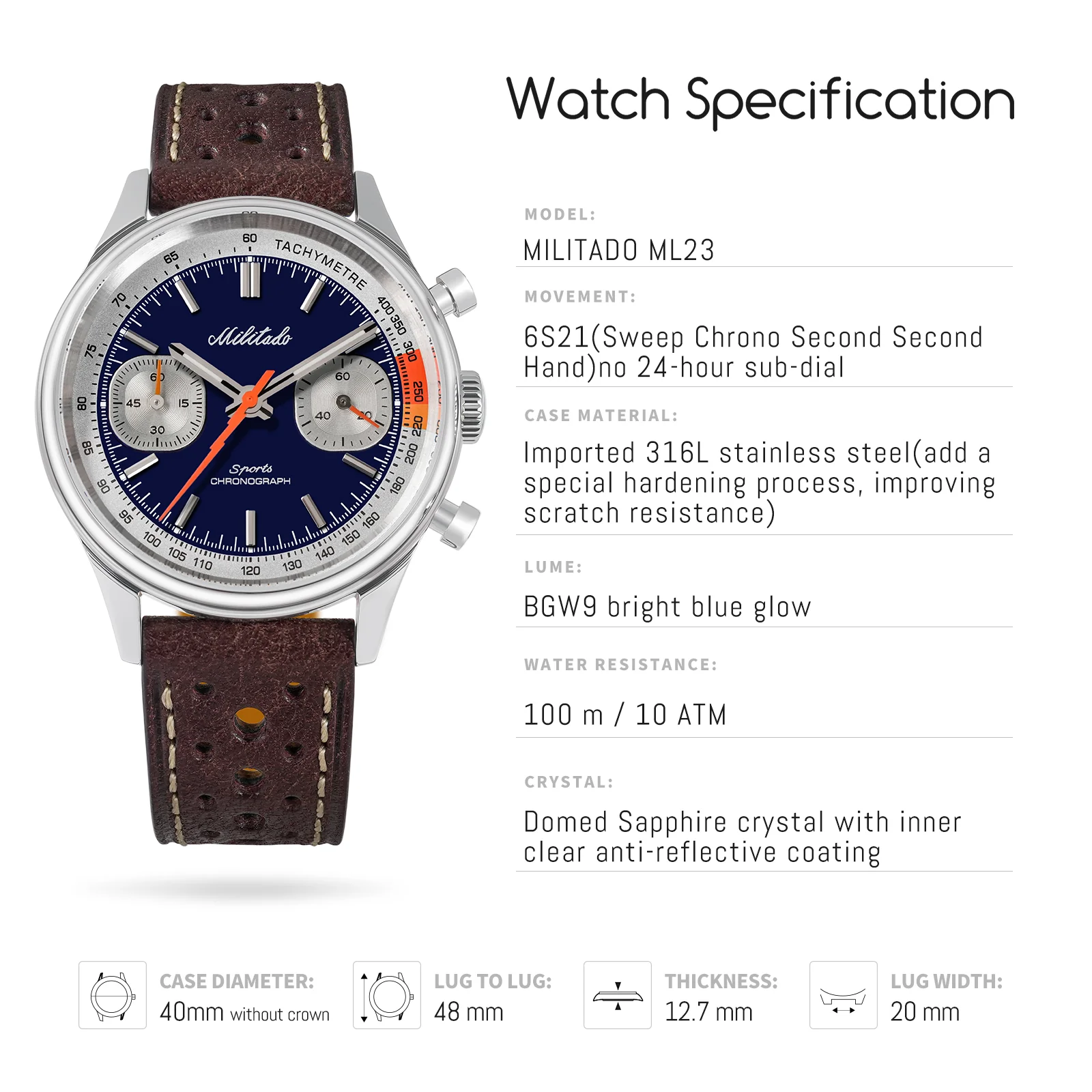 Militado Miyota 6S21 Chronograph Watch 40mm Men Watch ML23 - Image 51