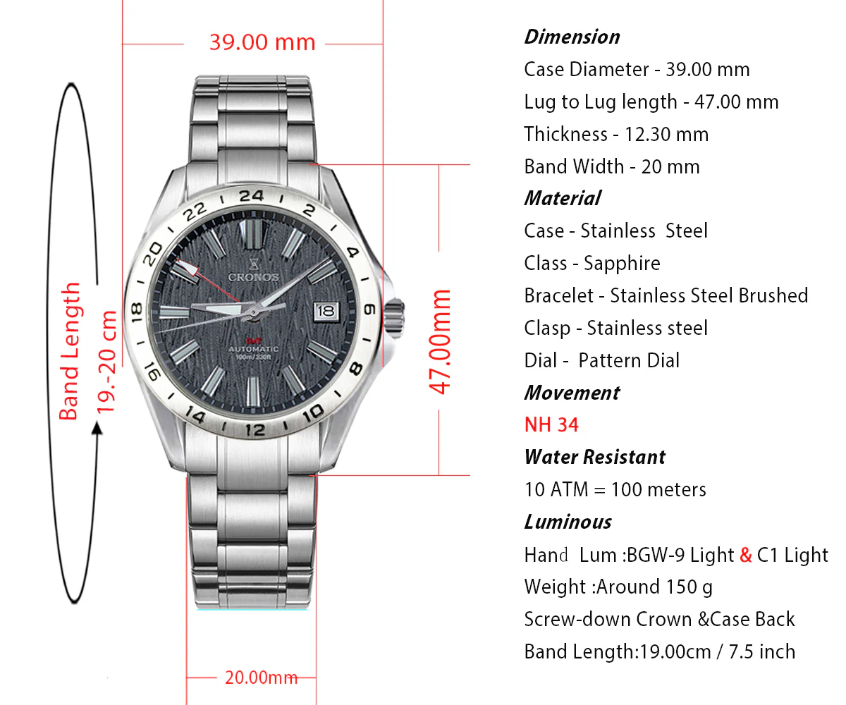 Cronos 39mm GMT NH34 Mechanical Men Watch L6029 V2 - Image 25